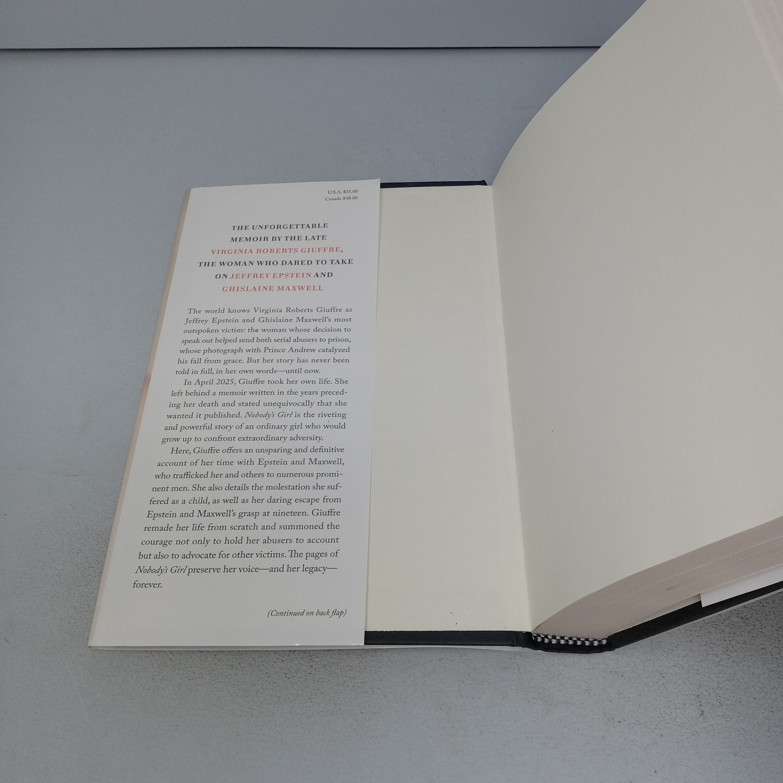 Nobody’s Girl: 2025 Alfred A. Knopf Hardcover by Virginia Roberts Giuffre