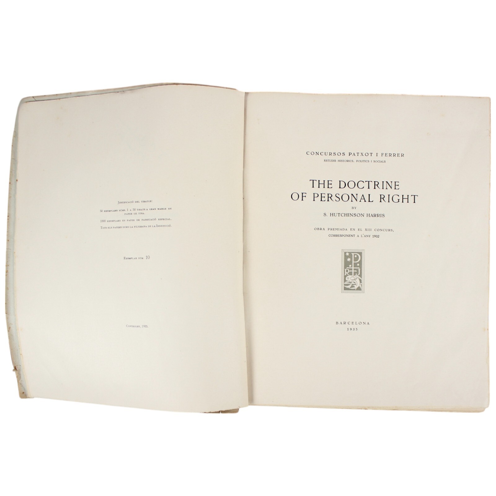 1935 Barcelona Doctrine of Personal Right Harris 1/50 Limited Ed Philosophy Law
